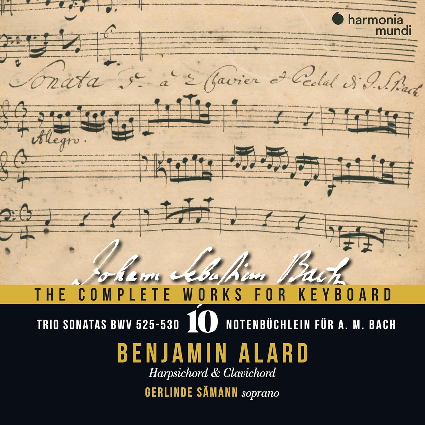 CD cover for J.S. Bach’s complete keyboard works, featuring musical notation.