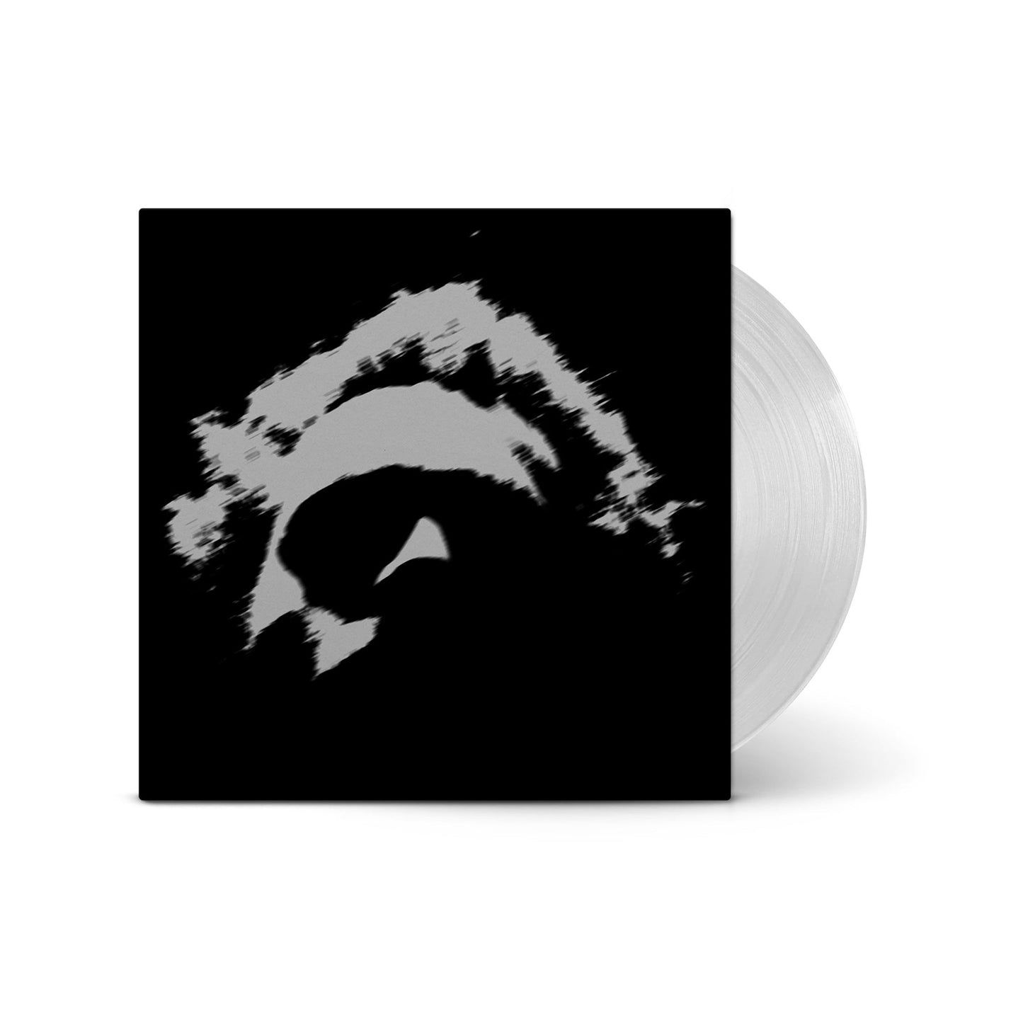 Vinyl record cover with abstract grey brushstrokes on black background and clear vinyl disc.