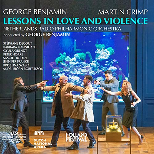 CD cover for "Lessons in Love and Violence" opera with staged scene.