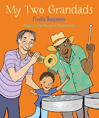 A child playing steel drums with two grandfathers, one playing a trumpet.