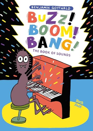 Book cover with cartoon monster playing a red piano, colorful design.