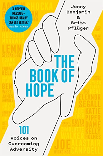 Book cover: white hand holding text "The Book of Hope" on yellow background.