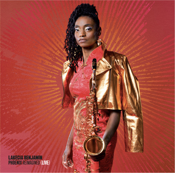 Lakecia Benjamin holding a saxophone, red and gold background.