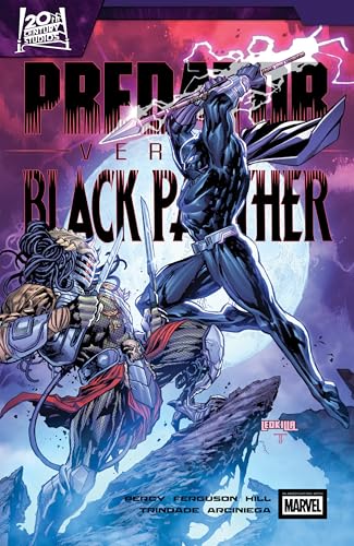 Black Panther fights a Predator in a comic book cover illustration.