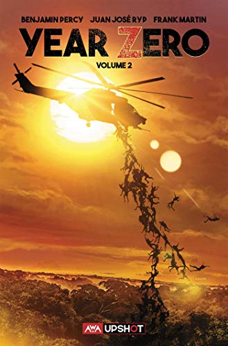 A helicopter silhouette dropping a chain of people over a jungle at sunset.