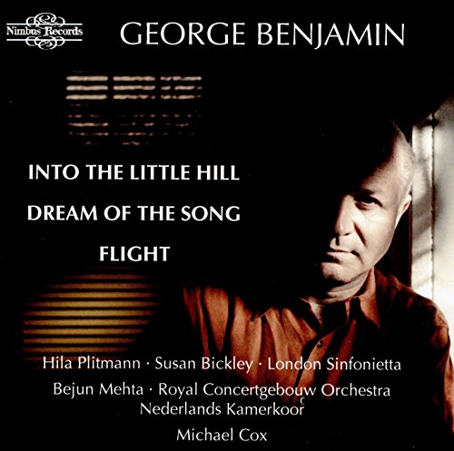 CD cover featuring George Benjamin's portrait, with titles and performers listed on a dark background.