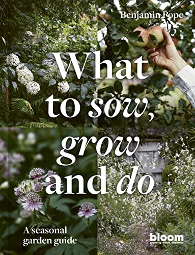 Book cover featuring seasonal garden images and large white text.