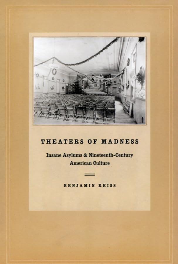 Book cover with a black and white photo of an asylum hall.