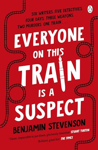 Red book cover with white text: "Everyone On This Train Is A Suspect.