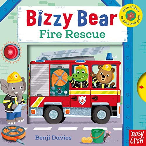 Cover of Bizzy Bear Fire Rescue book showing a bear and alligator in fire truck.