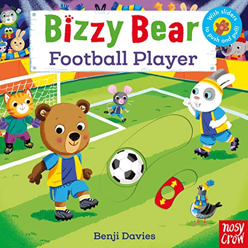 Bizzy Bear and animal friends play football on a green field.