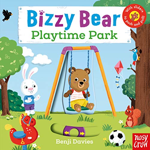 Bizzy Bear book cover with a bear on a swing in a park.