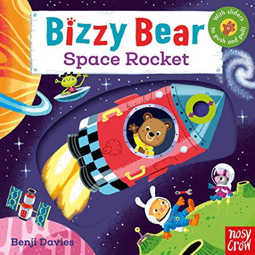 Bizzy Bear peeks from a red rocket in a colorful space scene.