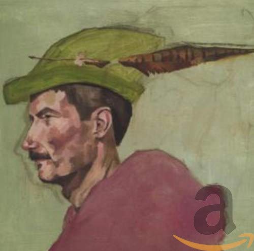 Painted portrait of a man in a green hat and red shirt.