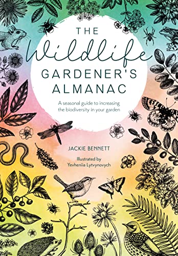 Book cover with black ink illustrations of wildlife on a colorful watercolor background.