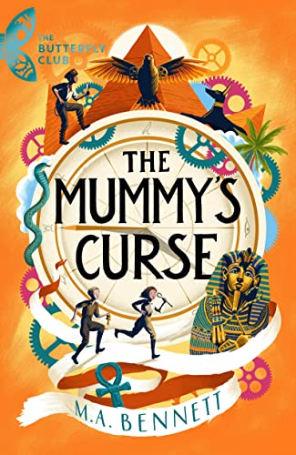 Book cover with pyramids, clocks, and figures running in Egypt.