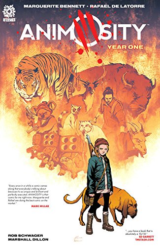Hardcover graphic novel cover featuring a girl with animals and a fiery background.