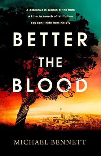 Book cover: "Better the Blood" with a tree silhouette and city skyline.