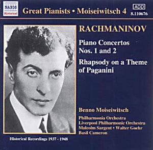 CD cover featuring a portrait of pianist Benno Moiseiwitsch, text details Rachmaninov and Paganini.