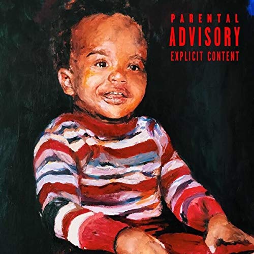 Painted portrait of a young boy with a striped shirt and "Parental Advisory" label.