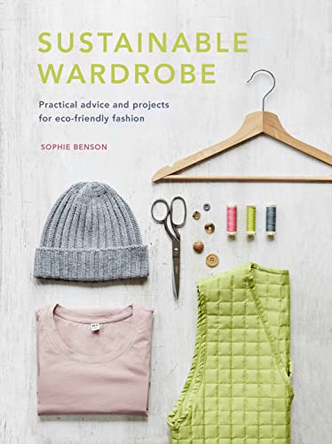 Book cover with clothing, sewing tools, and the title "Sustainable Wardrobe".
