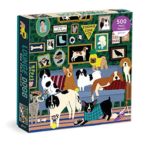 Box for a 500-piece jigsaw puzzle depicting a room full of dogs.