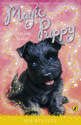 Book cover featuring a fluffy black puppy with blue eyes, wearing skates.