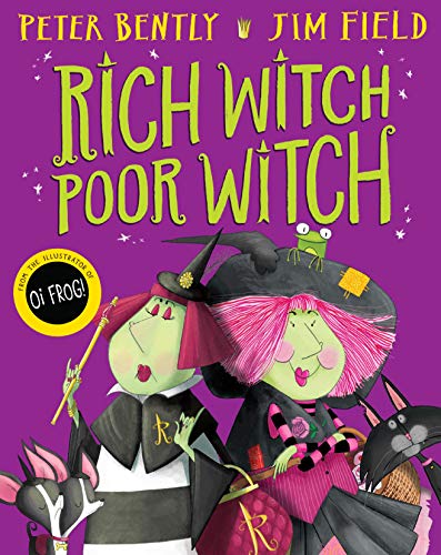 Book cover: two green-skinned witches and a black cat on purple background.