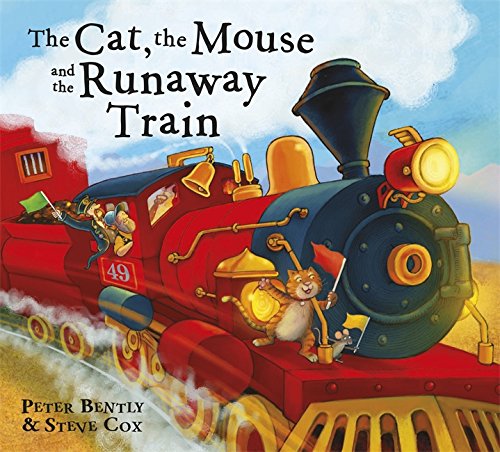 "Children's book cover featuring cartoon cat and mouse on a red train."