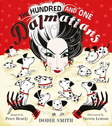 Book cover featuring Cruella de Vil surrounded by spotted puppies on a red background.