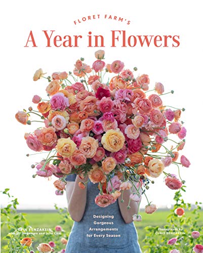 Book cover with a person holding a large, colorful bouquet of flowers.