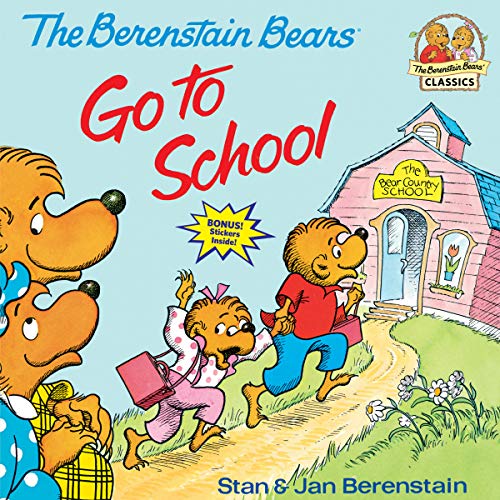 Berenstain Bears family walking to a blue schoolhouse with books.