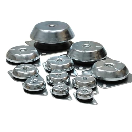 Shiny metal vibration isolators with black rubber bases arranged on white.