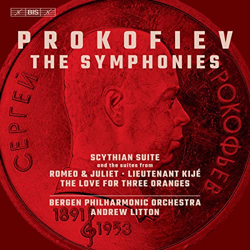 CD cover featuring a red relief portrait of Sergei Prokofiev on a coin background.
