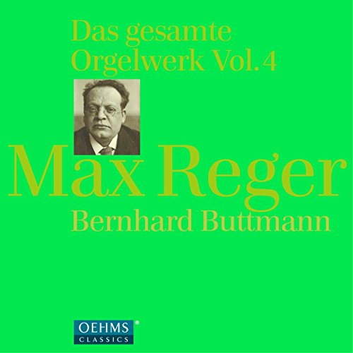 CD cover with bright green background, Max Reger portrait, and text about organ works.