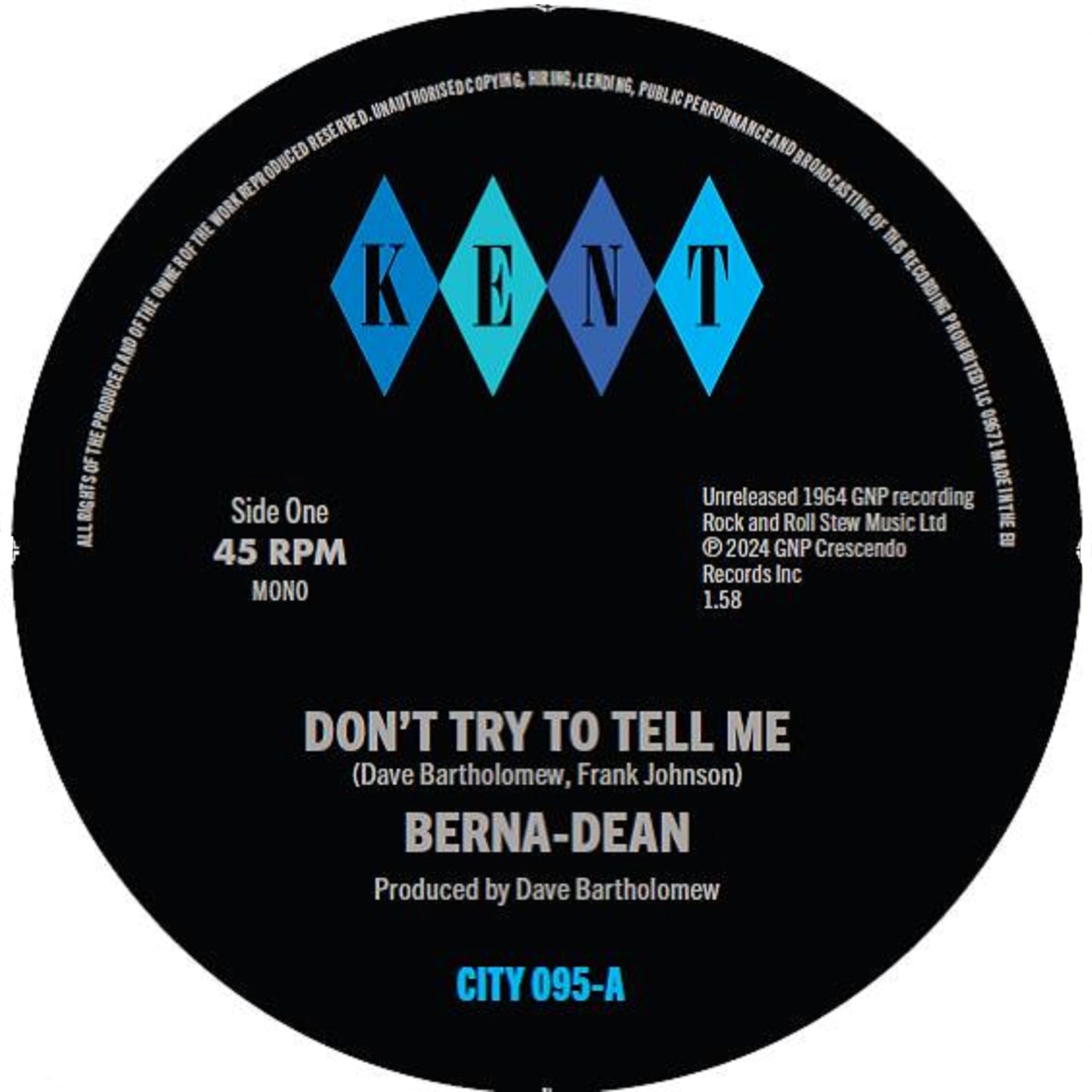 Black vinyl record label with blue Kent logo and song title details.