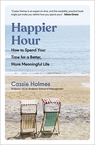 Book cover with beach scene, title "Happier Hour" by Cassie Holmes.