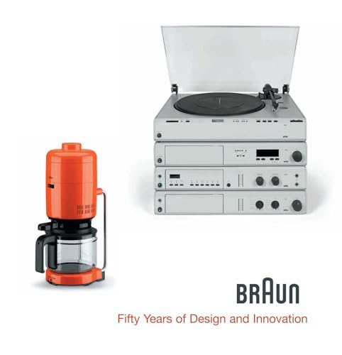 Braun stereo system and orange coffee maker on white background.