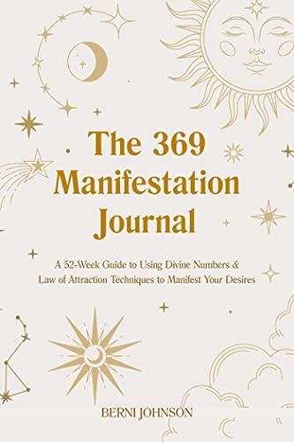 Journal cover with sun, moon, stars, and gold lettering; "The 369 Manifestation Journal.