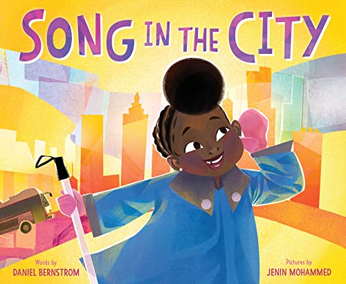 A young Black girl with a white cane smiles against a colorful city background.