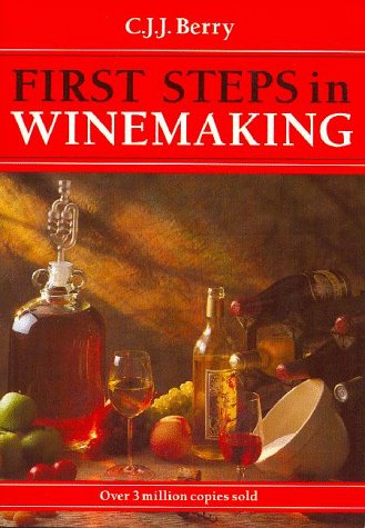 Book cover: "First Steps in Winemaking" with wine bottles and grapes.