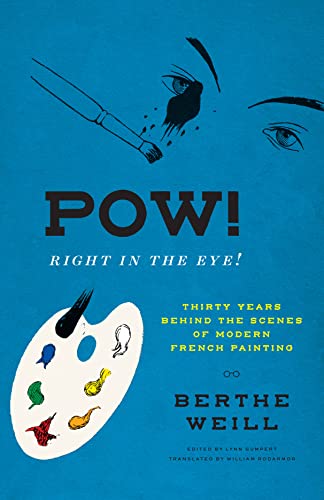 Book cover with a blue background, a paintbrush, eyes, and a painter's palette.