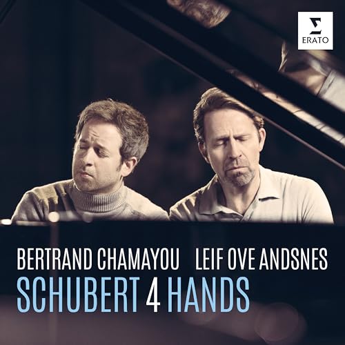 Two men at a piano, album cover for Schubert: Four Hands.