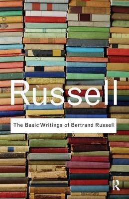 Book cover for "Basic Writings of Bertrand Russell" with stacked books.