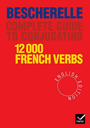 Red book cover titled Bescherelle Complete Guide to Conjugating 12000 French Verbs English Edition.