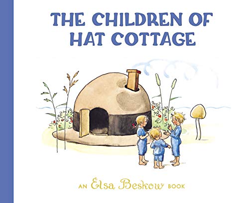 Three children stand before a cottage shaped like a hat in this illustrated book.