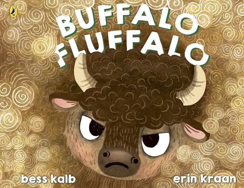 Illustration of a brown buffalo with a grumpy expression and curly background.