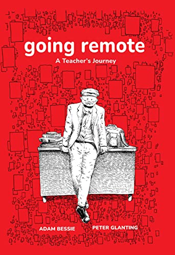 Red book cover featuring a sketched man leaning on a desk amid floating rectangles.