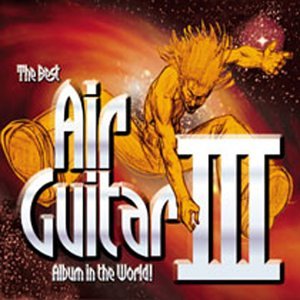CD cover with golden illustration of a person playing air guitar.