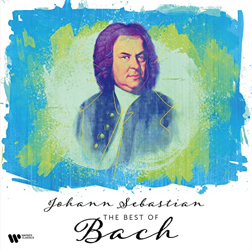Painted portrait of Johann Sebastian Bach on a blue and green background.